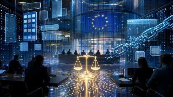 European tech antitrust scene with courthouse, smartphone ecosystem, circuits, and scales of justice.