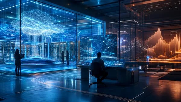 Futuristic cloud AI data center with glowing servers, neural networks, and abstract investor concern visuals.