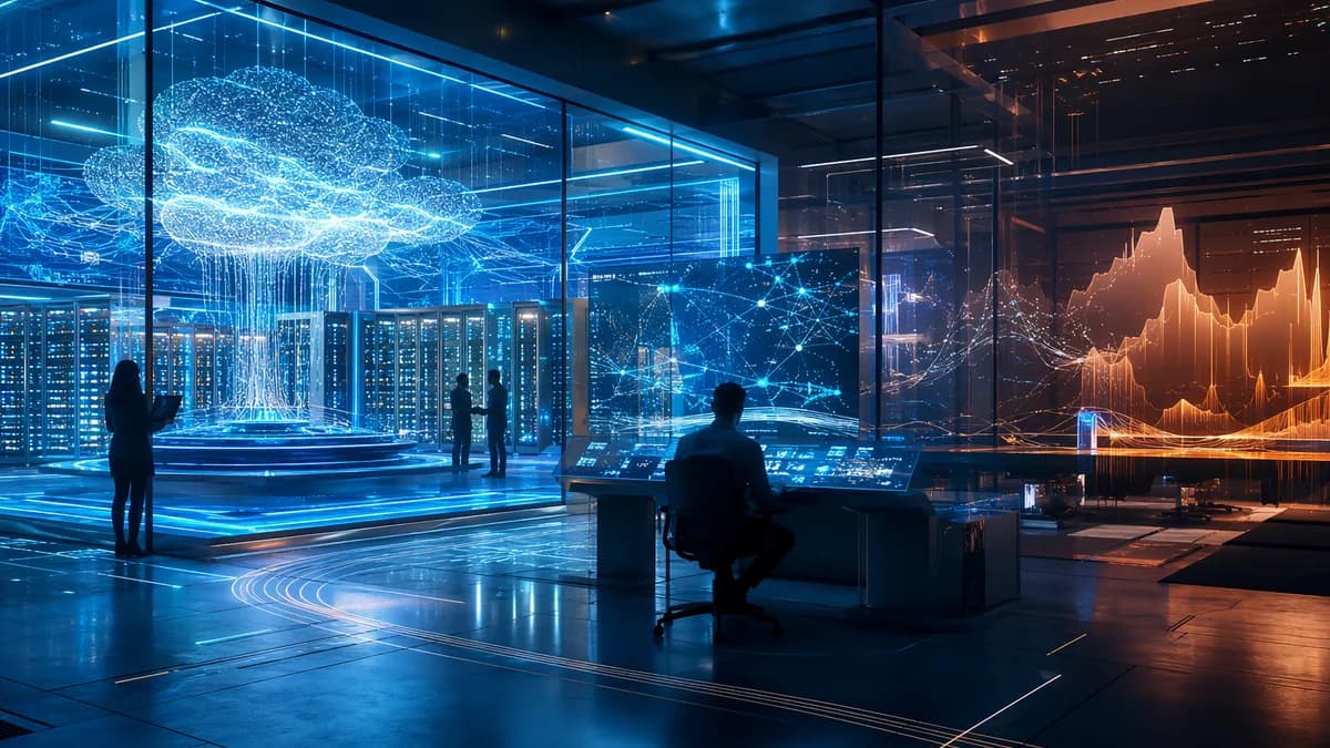 Futuristic cloud AI data center with glowing servers, neural networks, and abstract investor concern visuals.