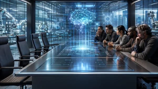 Empty executive seats face AI workers in a tense futuristic tech conference room.