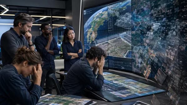 Frustrated mapping professionals view generic digital Earth screens in a futuristic tech workspace.