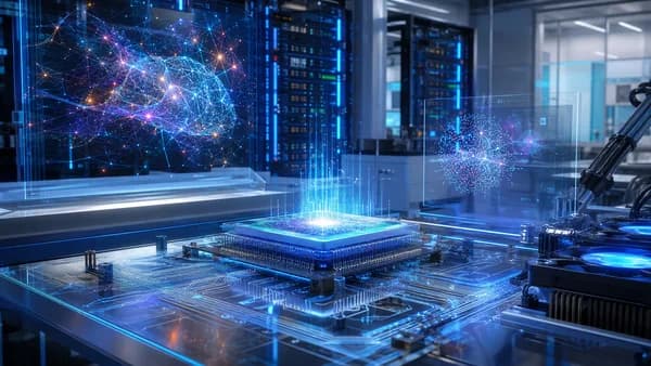 Futuristic AI chip in a high-tech lab with neural network visuals and server racks.
