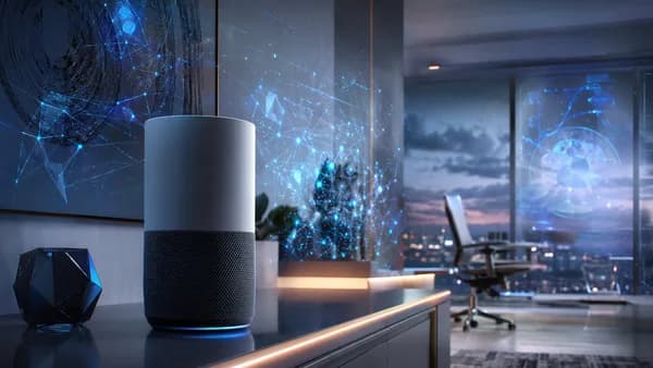 Logo-free smart speaker in a futuristic home with glitchy AI holograms suggesting unfinished assistant software.