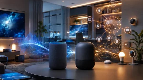 Two smart speakers in a futuristic connected home with AI network visuals and smart device hubs.