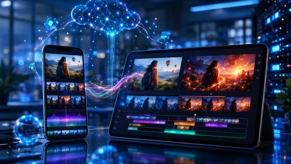 AI-powered video remix editing shown on devices in a futuristic tech workspace