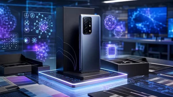 Premium smartphone leak concept in a futuristic tech workspace with holographic panels and color swatches.