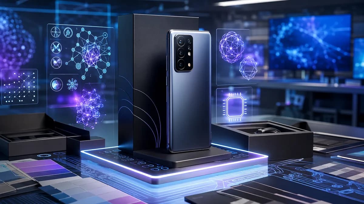 Premium smartphone leak concept in a futuristic tech workspace with holographic panels and color swatches.