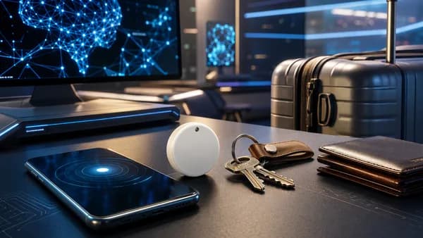 Sleek circular tracker beside keys, wallet, and luggage in a futuristic tech workspace