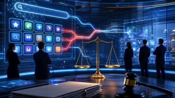 Abstract EU antitrust scene with search screens, app grid, scales, and digital networks in a futuristic workspace.