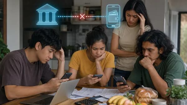 Gen Z adults face delayed government payments while checking budgeting apps at home.