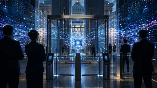 AI core behind a secure government approval gate in a futuristic tech workspace.