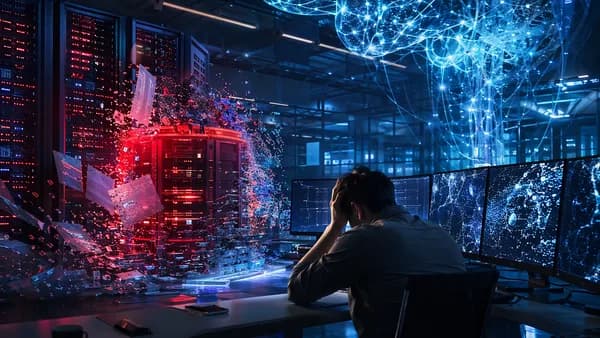 Engineer watches files vanish beside a flickering database under an ominous AI network.