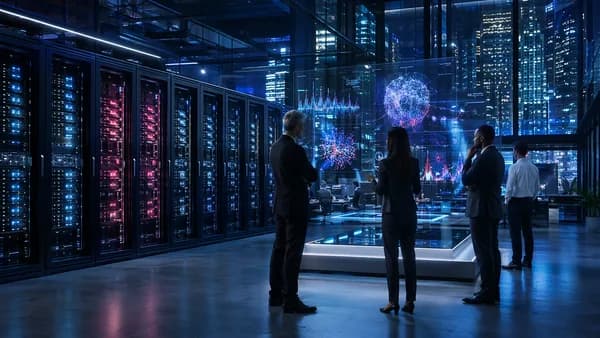 Underused enterprise GPU servers in a futuristic AI data center under executive scrutiny