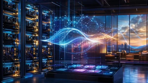 Futuristic AI data center visualizing real-time voice processing and GPU infrastructure.