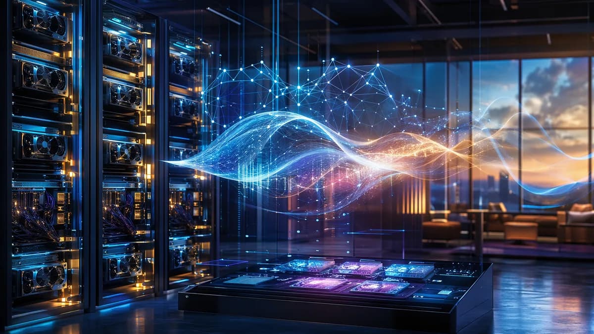 Futuristic AI data center visualizing real-time voice processing and GPU infrastructure.
