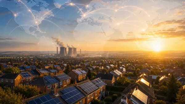 UK rooftops with solar panels, global map connections, and distant fossil fuel power station at sunrise