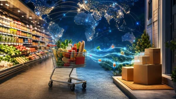Grocery cart split between supermarket aisle and home delivery, with global connection map in background.