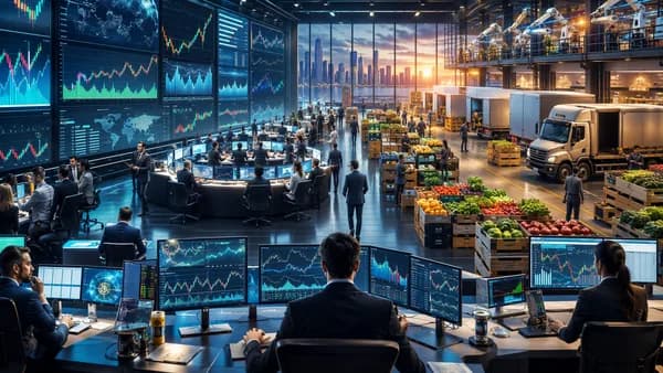 Trading floor and food tech logistics hub symbolizing GrubMarket’s confidential IPO filing