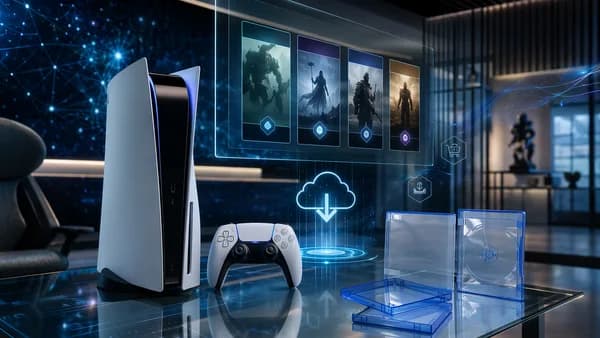 Futuristic gaming preorder setup with console, controller, digital storefront panels, and empty cases.