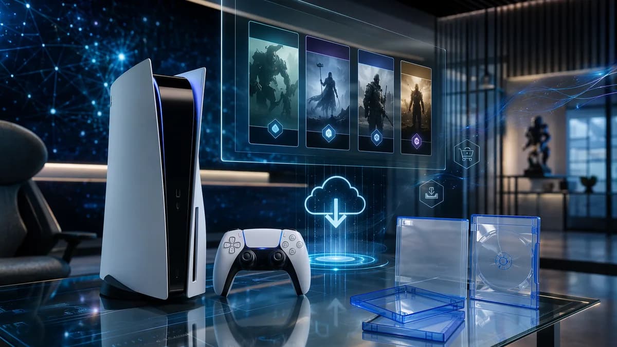 Futuristic gaming preorder setup with console, controller, digital storefront panels, and empty cases.