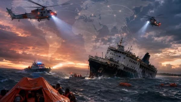 Ferry sinking off Guyana coast with rescue boats, helicopters, and global map overlay.