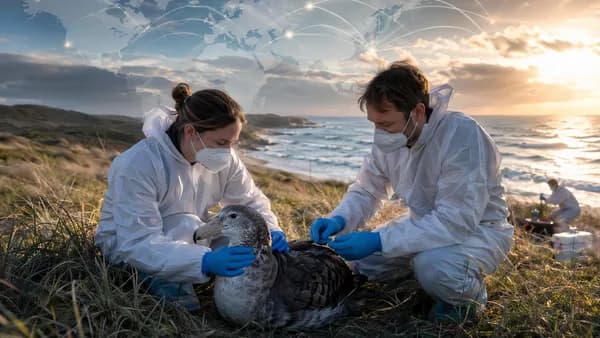 Biosecurity responders examine a seabird on an Australian coast with global map connections overhead.