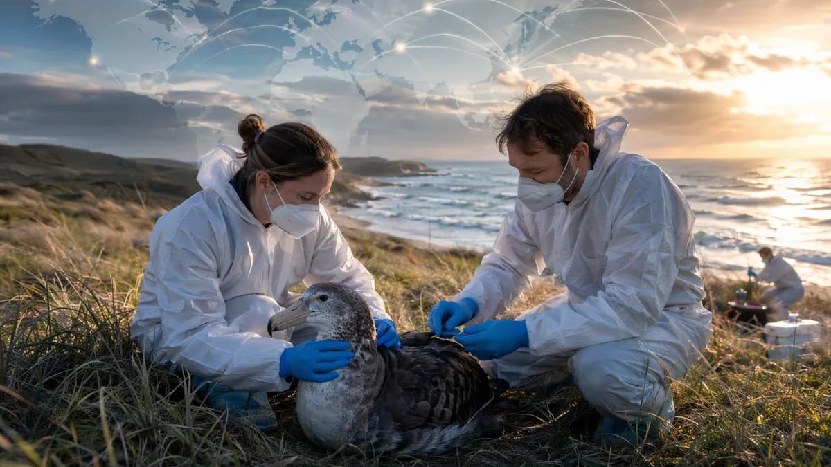 Biosecurity responders examine a seabird on an Australian coast with global map connections overhead.