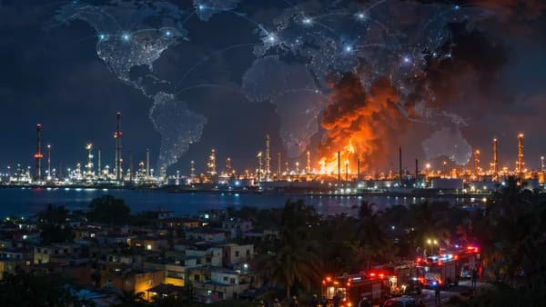 Petrochemical plant fire in India with smoke, emergency crews, nearby homes, and global map overlay.