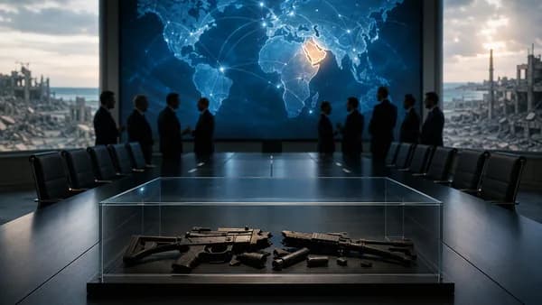 Tense Gaza diplomacy scene with world map, global links, and disarmament symbolism.