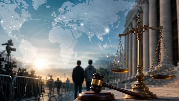 Courthouse with scales of justice, anonymous silhouettes, and global map connections in a serious editorial scene.