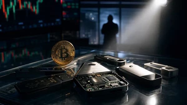 Hardware wallets on a fintech desk with Bitcoin imagery and an anonymous investigator silhouette.
