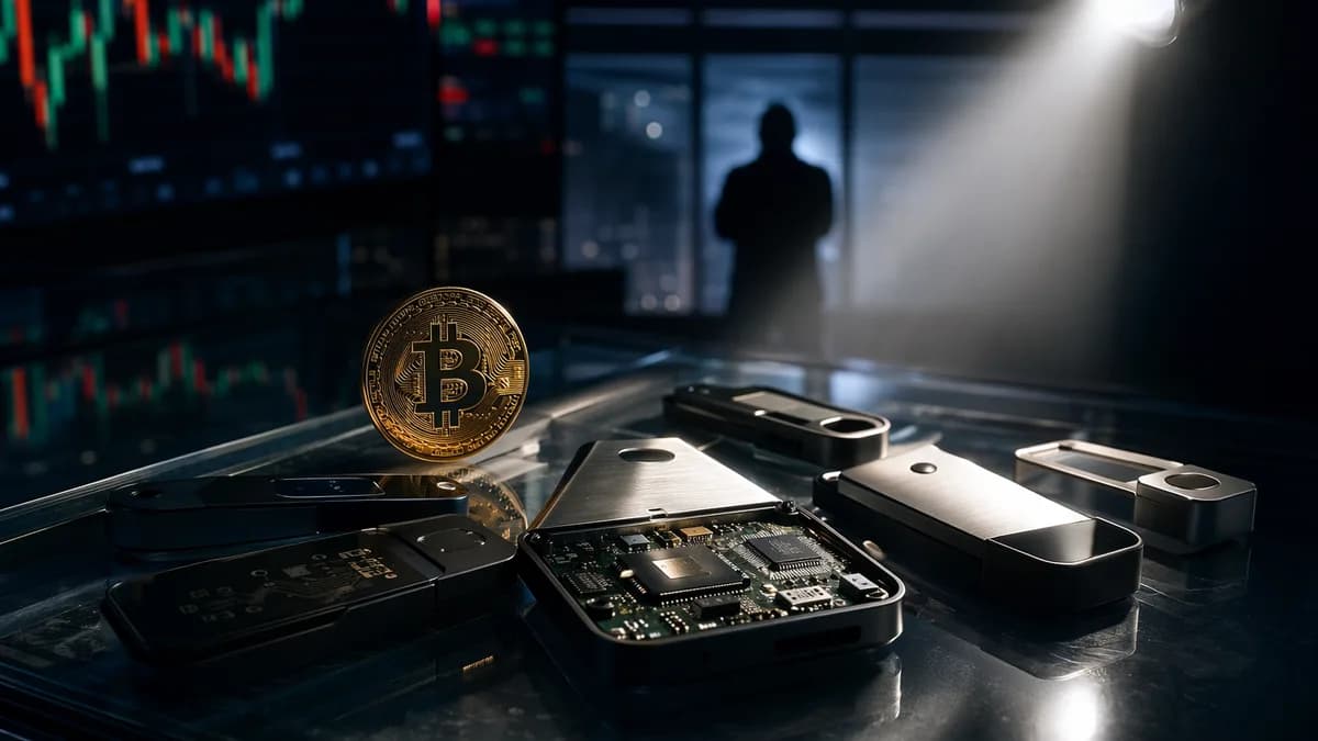 Hardware wallets on a fintech desk with Bitcoin imagery and an anonymous investigator silhouette.
