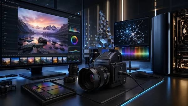 High-end camera in a futuristic editing workspace with abstract RAW workflow screens and cinematic lighting.