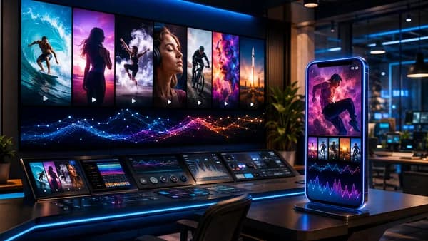 Streaming platform interface with vertical short video feed in a futuristic tech workspace