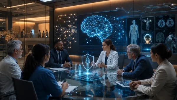 Hospital leaders face an abstract AI network in a futuristic boardroom, symbolizing healthcare accountability.