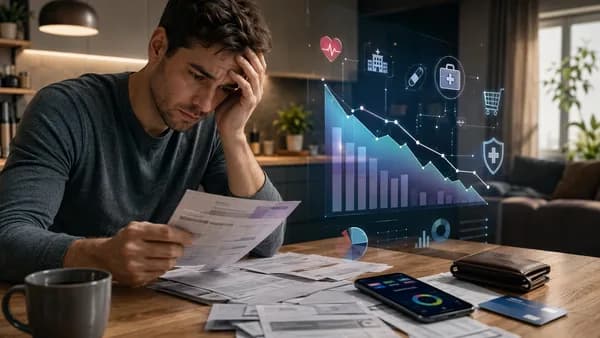 Worried consumer reviews medical bills and a banking app as healthcare costs strain household finances.