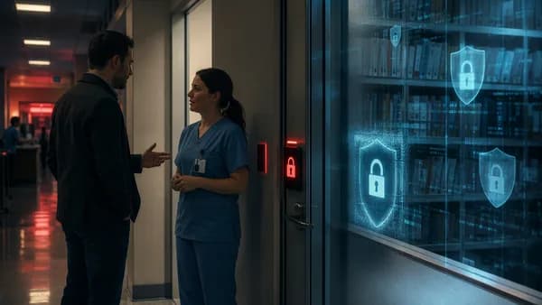 Red teamer social-engineers hospital staff near a secure medical records room with digital lock overlays.