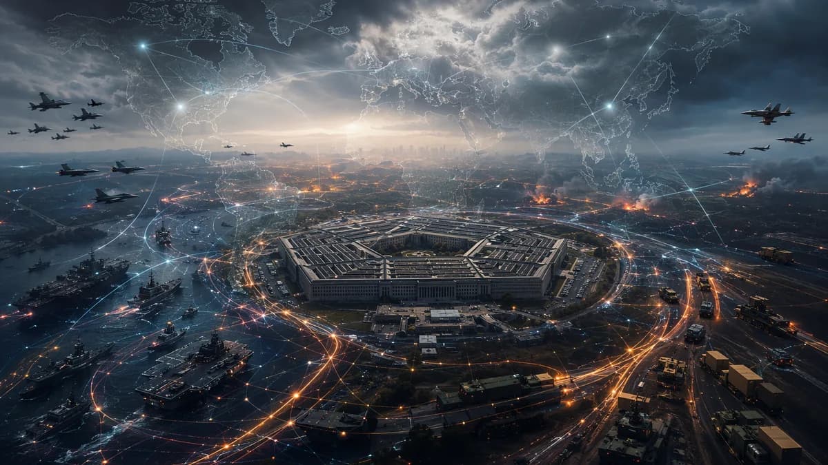 Pentagon-like complex amid global military networks and stormy geopolitical tension