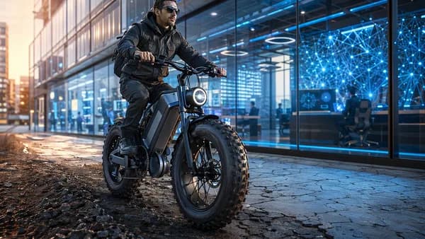 Fat tire electric bike riding across mud, gravel, and cracked pavement near a futuristic tech hub