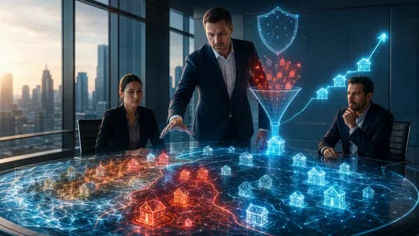 Fintech insurance underwriting concept with risk filters, homes, and growth data in a modern boardroom.