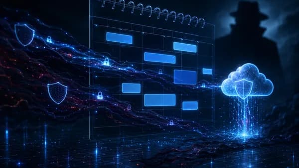 Dark cloud calendar with hidden encrypted data streams, locks and shields suggesting malware espionage