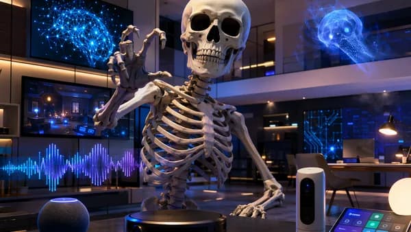 Giant Halloween skeleton in a futuristic smart-home tech hub with glowing app controls and circuits.