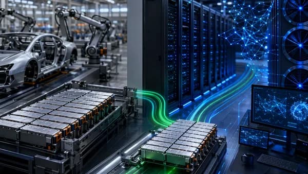 EV battery modules powering a futuristic data center in a sleek tech environment