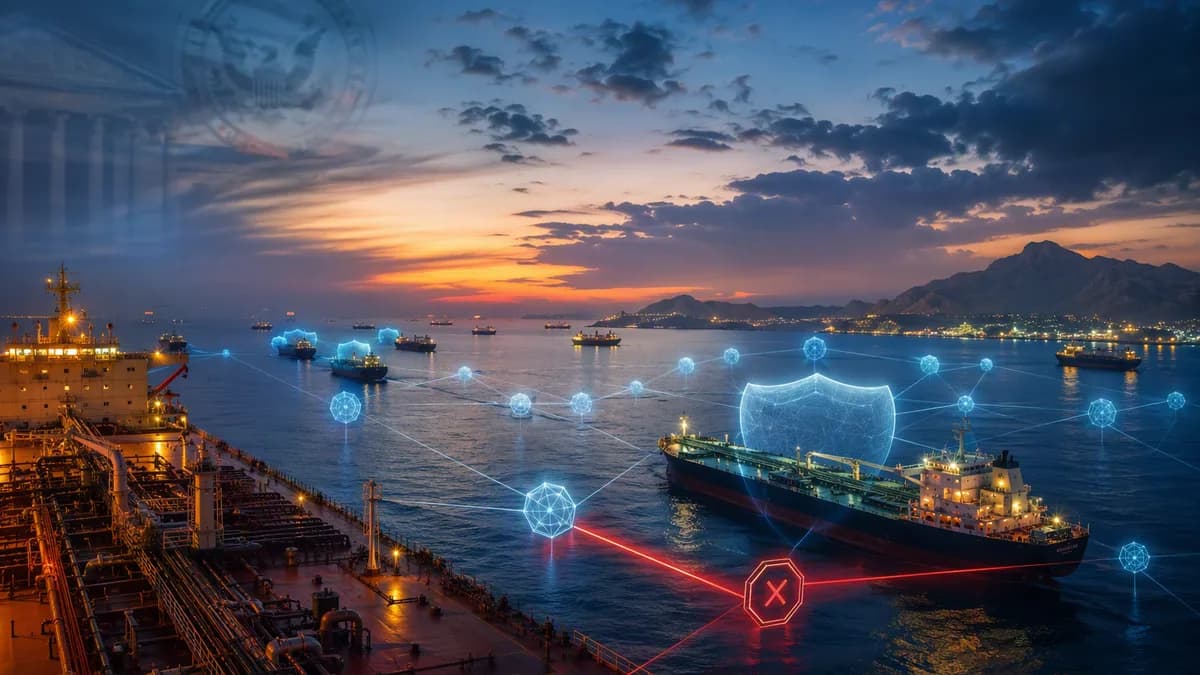 Oil tankers with blockchain insurance overlays and blocked crypto payment trails in a sanctions-themed maritime scene.