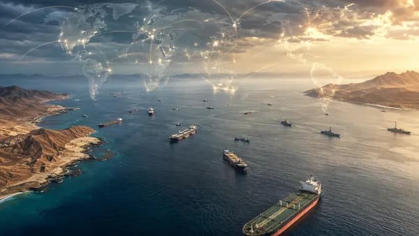 Oil tankers near Bab al-Mandab with global map overlay suggesting rising maritime tensions.
