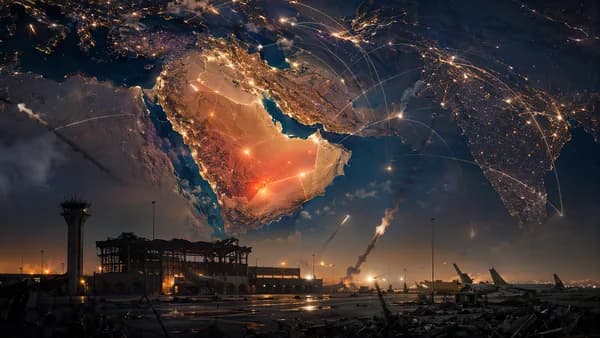 Geopolitical scene of Yemen-Saudi tensions with missile trails, map overlay, and global connection lines.