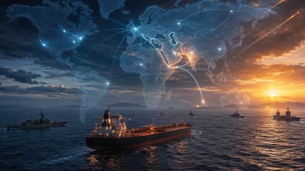 Oil tankers in tense Gulf waters with global map overlay and naval silhouettes at dusk