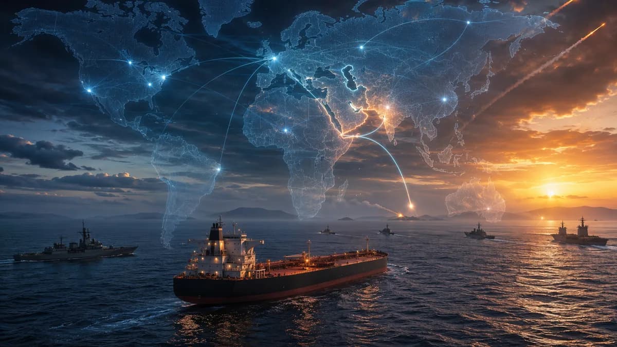 Oil tankers in tense Gulf waters with global map overlay and naval silhouettes at dusk