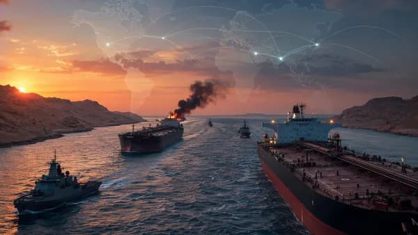 Oil tankers in the Red Sea with smoke, patrol ships, and global map connections suggesting blockade tensions.
