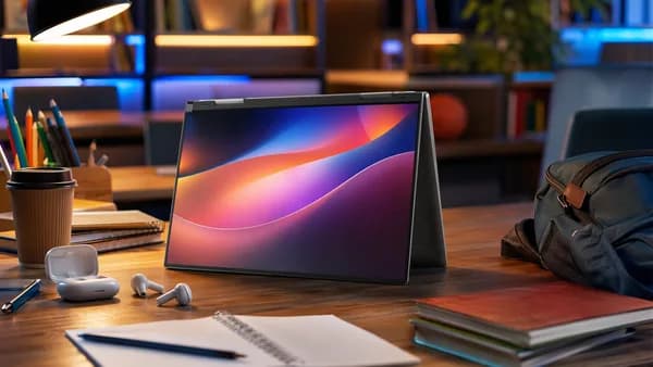 Unbranded OLED 2-in-1 laptop on a modern student desk with futuristic tech lighting.